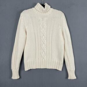 Sisley Sweater Womens Large Cream Cable Knit Turtleneck Wool Acrylic Pullover